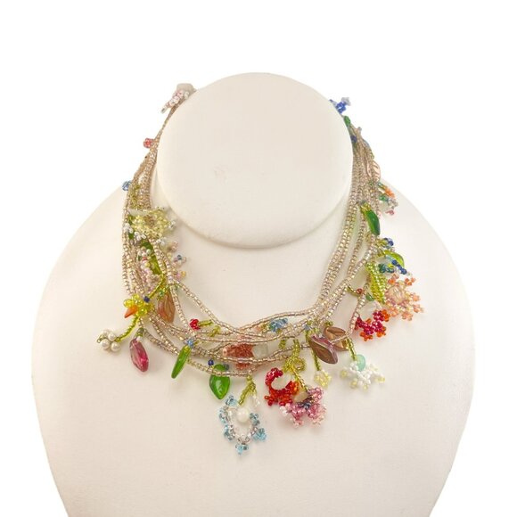 Handcrafted Multi-Color Beaded Floral Three Strand Necklace With Delicate Chain - Picture 3 of 9